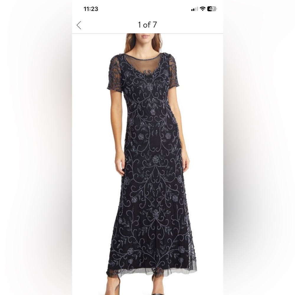 Pizarro Nights Floral Beaded Short sleeve A-line Gown, size 16 in Slate